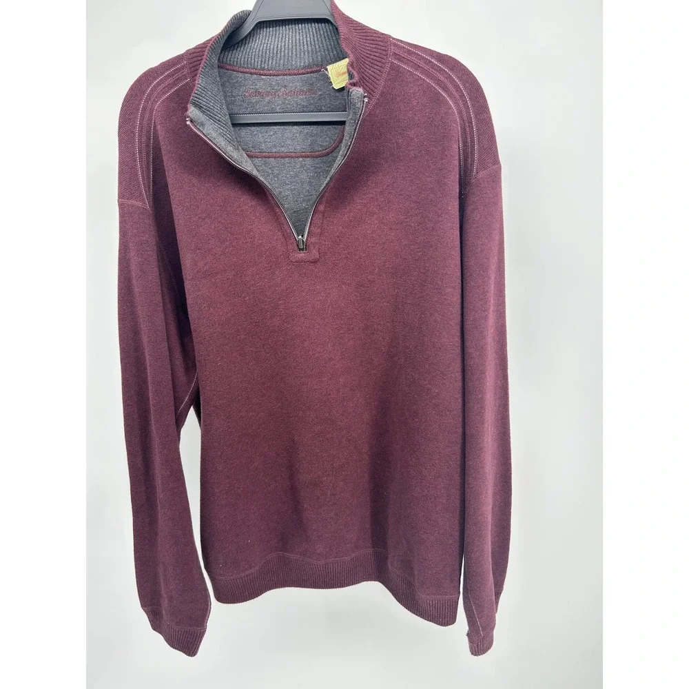 Tommy Bahama Mens Burgundy 100% Cotton Quarter Zip Pullover Sweater Large